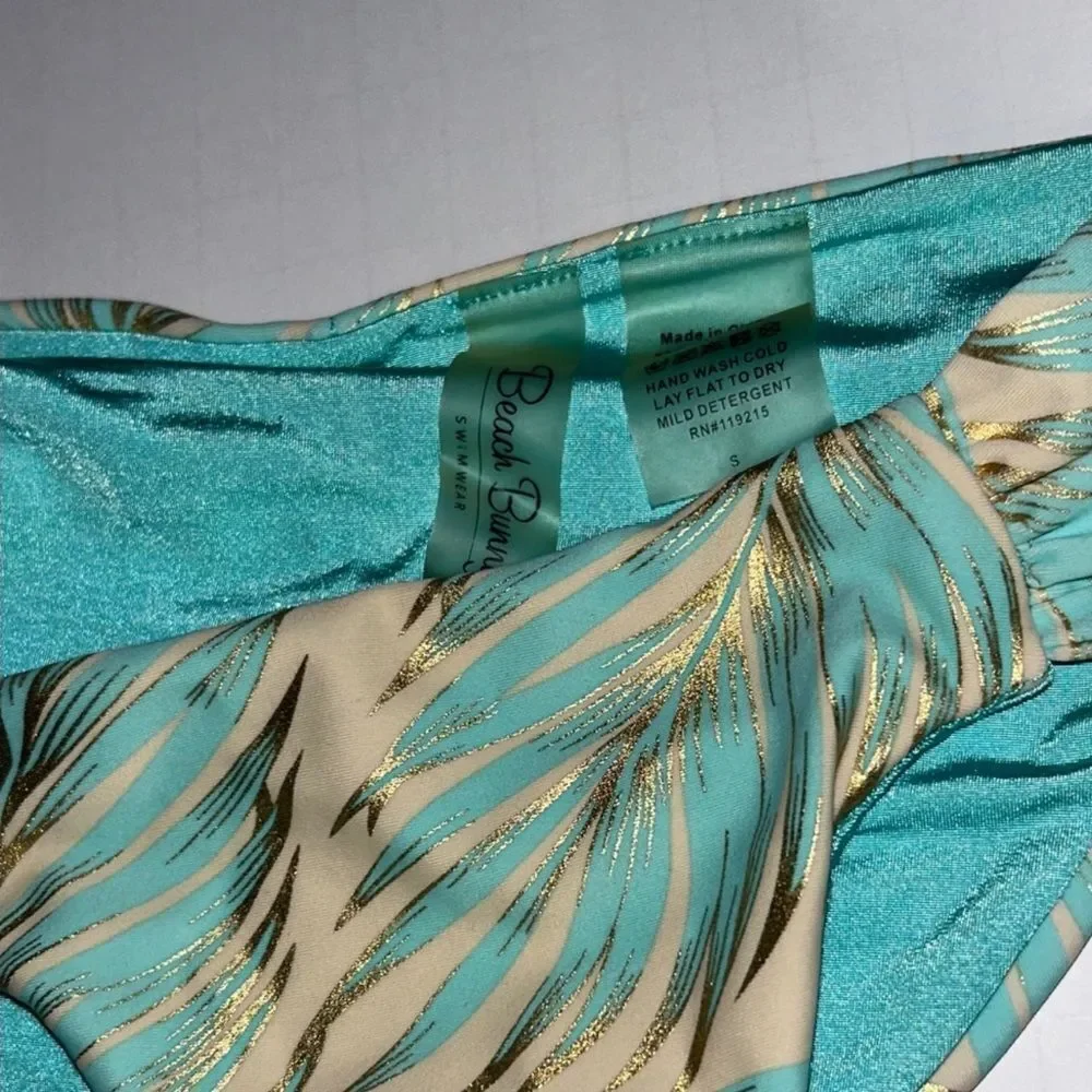 NWOT Beach Bunny Blue & Gold Tropical HalterNeck Keyhole Bikini Top & Bottom Set